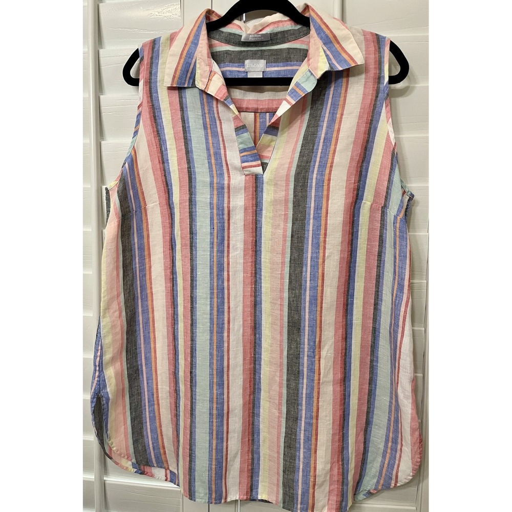 Chico's Sleeveless Collared Striped Blouse in Pink, Blue, Cream, Gray